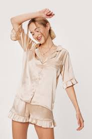 Satin Ruffle Pajama Shirt And Shorts Set Nasty Gal