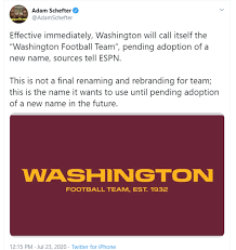 The news was made public wednesday through a statement via the team Redskins Becomes Washington Football Team