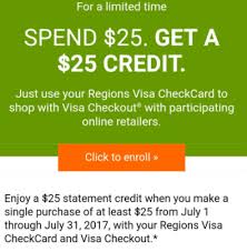 Earn $100 bonus cash rewards3 when you spend $500 or more, and earn 1.5% cash rewards on every qualifying 2 purchase. Targeted Regions Bank Debit Card Spend 25 Via Visa Checkout Get 25 Back Doctor Of Credit