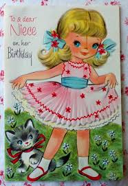 Birthday Wishes For Children S Cards Vintage 1950s Birthday Greeting Card Cute Little Girl In Pigtails With Kitten Imagens Vintage Cartao De Parabens Ilustracoes
