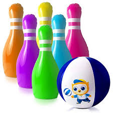 This outdoor giant yard bowling comes with six pins and one ball. Goslaz Giant Inflatable Bowling Pins Outdoor Lawn Bowling Play Set For Kids Back Yard Large Plastic Bowling Game Play Set