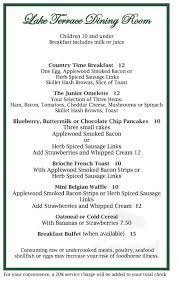 General info breakfast monday through saturday, the lake terrace dining room is the perfect place to start your morning. Lake Terrace Dining Room Menu In Colorado Springs Colorado Usa