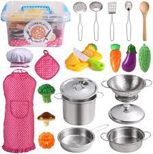 Check spelling or type a new query. Juboury Kitchen Toy Accessories Children S Kitchen Cookware Stainless Steel Pan Set Apron And Hat For Girls And Boys Amazon De Toys Games