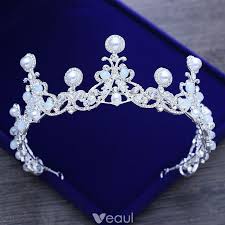 Luksusowe Srebrny Slub Tiara 2018 Metal Krysztal Perla Rhinestone Akcesoria Silver Wedding Wedding Tiara Bridal Jewelry