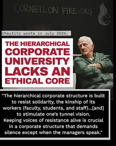 ✊ In solidarity with Professor Eric Cheyfitz and with gratitude for his scholar-activism. We join widespread outrage at the Cornell administration's politically-motivated repression of Professor Cheyfitz. In a case that violates due