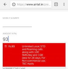 airtel rs 93 recharge now offers unlimited calls 1gb data