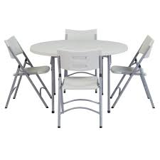This metal folding card table is a nice addition to any home.the gaming table is sold with 4 padded chairs so that you can enjoy your leisure time with your friends or family.the card table measures 33.8l x 33.3w x 30h, and each chair measures 14l x 18w x 31h. National Public Seating 5 Piece Speckled Grey Folding Table Set 48 In Plastic Round Table And Outdoor Safe Plastic Folding Chairs Set Of 4 Bt48r 1 602 4 The Home Depot