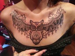 Large Symmetrical Owl And Lotuses Tattoo Tattoos For Girls With Meaning Black Top With Blue Dot Chest Tattoos For Women Chest Piece Tattoos Tattoos For Women