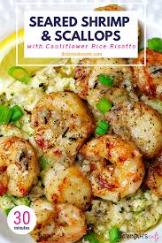 A Quick Keto Friendly And Grain Free Recipe For Seared Scallops And Parmesan Cauliflower Ri In 2020 Scallop Recipes Healthy Shrimp And Scallop Recipes Scallops Seared