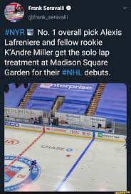 Frank seravalli de tsn a dressé une liste de joueurs qui pourraient potentiellement changer d'adresse en vue de la prochaine saison. Frank Seravalli Nyr No Overall Pick Alexis Lafreniere And Fellow Rookie K Andre Miller Get The Solo Lap Treatment At Madison Square Garden For Their Nhl Debuts Ifunny
