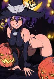 1girls all fours ass blair (soul eater) catgirl cleavage curled  hair female female only gold eyes looking at viewer maniacpaint pumpkin  purple hair solo soul eater thighhighs thong tongue