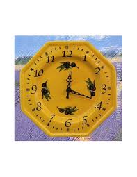 Pendule Murale Pour Cuisine Modele Octogonal De Couleur Jaune Provencale Et Motif Olives Noires
