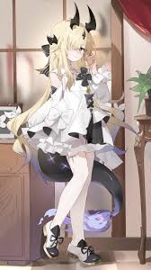 teketi, necrass (arknights), arknights, absurdres, commentary, commentary  request, english commentary, highres, mixed-language commentary, 1girl,  aged down, black horns, black tail, blonde hair, bow, closed mouth,  curtains, dress, dress bow, frills ...