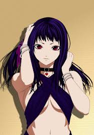 toujou ruby, rosario+vampire, 00s, 1girl, breasts, collar, female focus,  long hair, looking at viewer, medium breasts, navel, purple hair, red eyes,  solo, underwear, upper body - Image View - | Gelbooru -