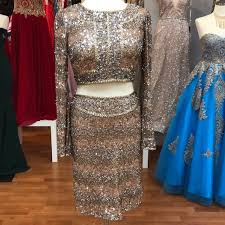 two piece prom dress with gold sequins and beads boutique