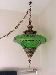 1960s Real Green Glass Swag Lamp With Antique Brass Two Available Swag Lamp Lamp Vintage Lighting