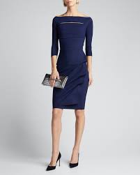 Melania Off The Shoulder 3 4 Sleeve Dress W Front Cutout In Navy Petite Robes Dresses With Sleeves Dresses