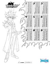 Coloring sheet with a boy at sea and five sharks swimming around. Coloring Pages Times Tables