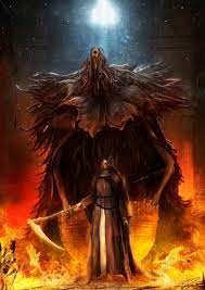 gozz, father ariandel, sister friede, dark souls (series), dark souls iii,  highres, 1boy, 1girl, black hood, cloak, covered eyes, deformed, holding,  holding scythe, holding weapon, hood, long hair, looking at viewer, nun,  old, old man, screaming, scythe, skinny