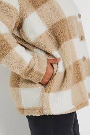 Yours Women's Plus Size Check Teddy Borg Fleece Jacket in Natural Brown, Size 12