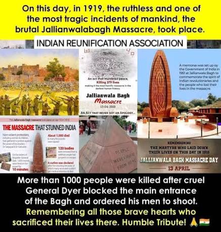 ThisDayInHistory The Jallianwala Bagh Massacre occurred on 13 April 1919 in Amritsar, when British troops under General Dyer opened fire on a peaceful gathering, killing hundreds. This tragic event marked a turning