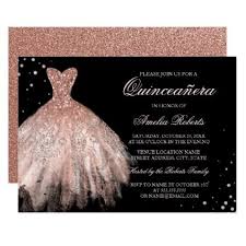 Black And Gold Invitations Blank Black Rose Gold Sparkle Dress Quinceanera Invite Zazzle Com Rose Gold Sparkle Gold Sparkle Dresses Rose Gold Invitations