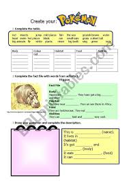 With This Activity Students Will Create Their Own Pokemon And Describe It It Contains A Table Where They Have To Classify Pokemon Vocabulary Skills Worksheets