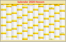 Hälfte mit kalenderwochen und feiertagen. 2020 Druckbare Jahreskalender Hessen Pdf Excel Word