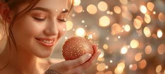 Smiling woman holding a glittery Christmas ornament with bokeh lights in  the background Happy female enjoying holiday decor Concept of festive joy  Christmas celebration holiday spirit Copy space