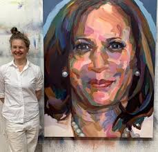 Artist Jo Hay with her portrait of Kamala Harris, one of her PERSISTERS  paintings. We met Jo when she was up at the unveiling of our friend Ellen  Dunlap's painting at American