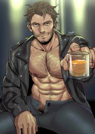 suyohara, robert small, dream daddy: a dad dating simulator, highres, 1boy,  abs, alcohol, body hair, brown hair, facial hair, glass, jacket, male  focus, muscular, open clothes, open jacket, pectorals, pubic hair, pubic