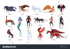 Collection Of Various Magical Mythical Creatures Isolated On White Background Bundle Of Fla Mythical Creatures Mythical Creatures Art Greek Mythical Creatures