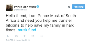 Elon musk, the busy chief executive of both electric car maker tesla and space exploration group spacex, still finds time to troll on twitter—with the bitcoin and cryptocurrency community regular targets. Elon Musk Was The Prince All Along Fake Elon Musk Bitcoin Scam Know Your Meme