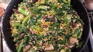 While the oil is heating, beat the eggs and milk in a bowl. Meatless Monday Israeli Couscous With Asparagus Spinach Morel Mushrooms Goodmotherdiet