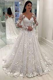 Gorgeous V Neck Applique Long Sleeves Tulle Wedding Dresses Yesbabyonline Com Wedding Dress Sleeves Wedding Dresses Lace Online Wedding Dress
