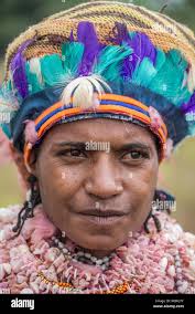 Close-up portrait of a woman with traditional face painting, Mount Hagen  Cultural Show, Papua New Guinea Stock Photo