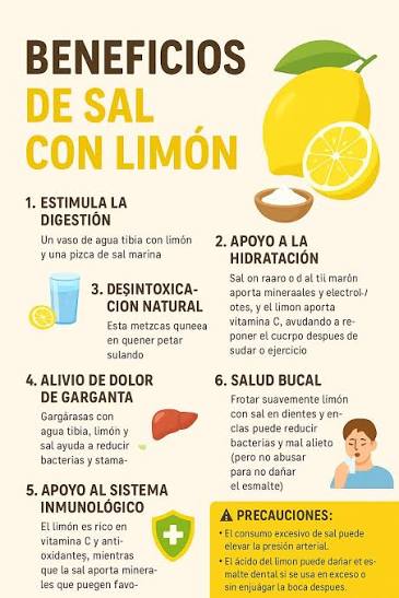 La combinación de sal y limón se usa mucho en remedios caseros y en la  cocina, pero sus beneficios dependen de cómo y en qué cantidad se consuman  o apliquen. Aquí tienes
