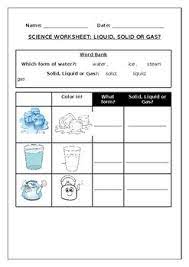 Science worksheets listed by specific topic area science is an area of study which involves anything and everything in the entire universe. Science Worksheets Forms Of Water Worksheet Solid Liquid Or Gas