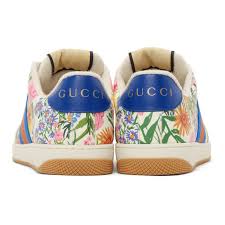 Golden bee embroidery and striped webbing bring iconic gucci house codes to this sneaker, while contrasting heel tabs reference the brand's official colors.removable insole leather and genuine snakeskin upper/leather lining/rubber sole made. Gucci White Ken Scott Edition Floral Screener Sneakers Gucci