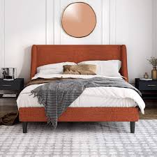 Upholstered headboards — also known as headboards that have fabric overlaid on a padded cushion — are the ultimate in both comfort and versatility. Buy Einfach Full Size Platform Bed Frame With Wingback Headboard Fabric Upholstered Mattress Foundation With Wooden Slat Support Burnt Orange Online In Indonesia B08w8gkwfl