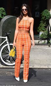 Mad About You Orange Plaid Pattern Sleeveless Spaghetti Strap Backless Halter Crop Top Straight Leg Pants Jumpsuit Two Piece Set Inspired By Emrata Emily Rat Quirky Dress Orange Plaid Bell