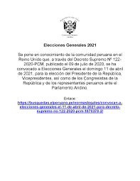 Título en orden alfabético títulos en orden alfabético al revés el más reciente primero el más decreto supremo que aprueba las normas reglamentarias para la aplicación de la undécima disposición complementaria final de la ley n°. Consulado General Del Peru En Londres Elecciones Generales 2021 Se Pone En Conocimiento De La Comunidad Peruana En El Reino Unido Que A Traves Del Decreto Supremo NÂº 122 2020 Pcm Publicado El