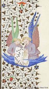 Half Figures Of Two Angels Holding Scroll With Musical Inscription Emerging From Cloud Book Of Hours France Medieval Art Medieval Books Medieval Tapestry