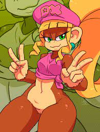2022 :3 anthro bedroom eyes beret blonde hair bottomless brown  body brown fur clothed clothing crop top deathzera digital media (artwork)  dixie kong donkey kong (series) female fur genitals