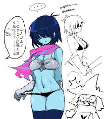 female kris (deltarune), kris (deltarune), ralsei, deltarune, undertale,  bad id, bad pixiv id, highres, translation request, 1girl, armor, bikini,  bikini armor, blue skin, blush, bra, breasts, cleavage, colored skin,  genderswap, genderswap (otf),