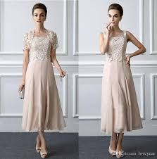 2019 Summer Chiffon Mother Of The Bride Dresses Tea Length Lace Formal Gowns With Jacket Two Pieces W In 2020 Bride Dress Lace Tea Length Dresses Evening Gowns Elegant