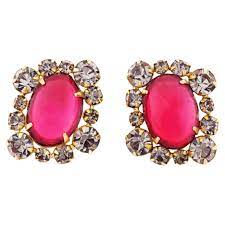 Red Gripoix Glass Earrings With Smokey Gray Rhinestones By Hattie Carnegie  For Sale at 1stDibs | kernicky earrings