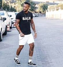 Black And White Shorts Outfit Men Men S Black And White Print Crew Neck T Shirt White Shorts Black Low Top Sneakers Silver Watch Short Men Fashion Mens White Shorts Mens Outfits