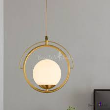 White Glass Globe Pendant Light Postmodern 1 Head Gold Hanging Ceiling Light With Ring Metal Frame Beautifulhalo Com