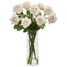 Fancy mart green & white artificial daisy flowers with bucket pot. Nearly Natural White Rose Artificial Arrangement In Glass Cylinder Vase Today